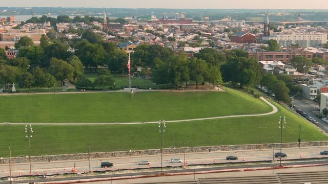 Aerial: Federal Hill Park and harbor. Baltimore, Maryland. USA