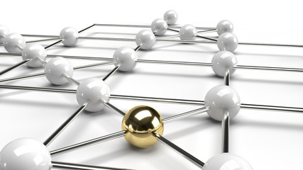 The Abstract design connection design gold and white sphere network structure 3d rendering.