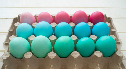 Easter holiday blue and pink eggs.