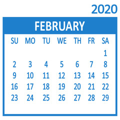 February. Second page of set. Calendar 2020, template. Week starts from Sunday. Vector illustration