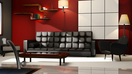 Modern living room space 3D Render CGI, with leather sofa and chairs red walls and book shelves, beautiful illumination light and kitchen space
