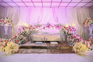 Modern decoration bridal dais used during weddings for Malays in Malaysia. Bridal dais in malay language is 'Pelamin'.