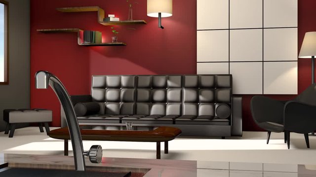 Modern living room space loopable 3D Render CGI, with leather sofa and chairs red walls and book shelves, beautiful illumination light and kitchen space