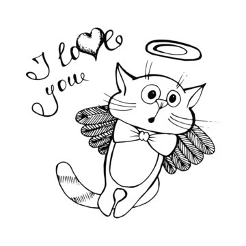 Sketch of Cupid cat with wings on a white background, drawn by hand. Vector illustration
