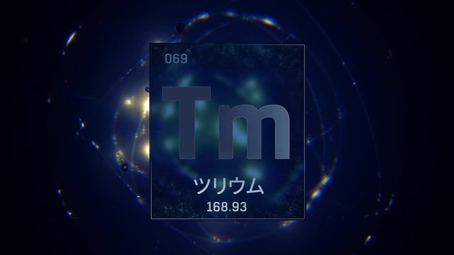 Thulium as Element 69 of the Periodic Table. Seamlessly looping 3D animation on blue illuminated atom design background orbiting electrons name, atomic weight element number in Japanese language