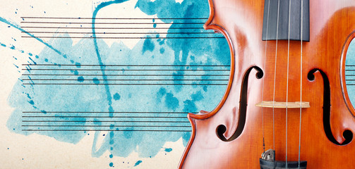 Violin and notes. Melody concept. Photo of old music sheet in blue watercolor paint. Classical...