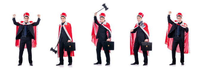 Businessman playing king isolated on white