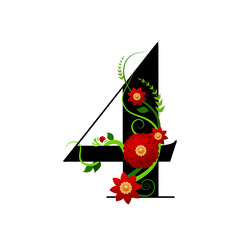 Chiffre floral numéro 4 (quatre) décoré d’une plante grimpante à fleur rouge.