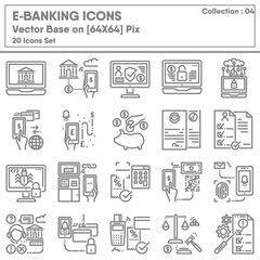 Business Finance E-Banking and Money Transaction Icons Set, Icon Collection for Technology Internet Online Banking. Mobile Payment and Convenience Currency Exchange, Infographic Illustration Design.
