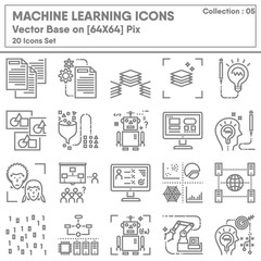 Machine Learning and Intelligence Technology Icons Set, Icon Collection of Science Innovation and Computer Analysis System. Technology Internet Algorithm Connection of Machine Learning. Illustration