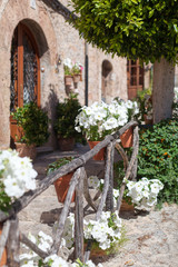 Naklejka premium Vertical photo of white violet flowers in clay pots suspended from a wooden fence. On the background doors, tree and bushes. Selective focus. Balearic Islands, Majorca. Vacation and travelling concept
