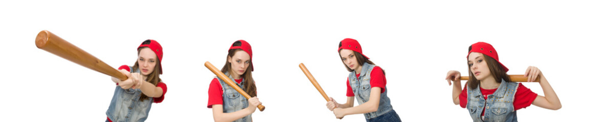 Pretty girl holding baseball bat isolated on white