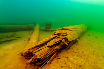 Fototapeta na wymiar Old piling from a loading dock in Munsing on Lake Superior