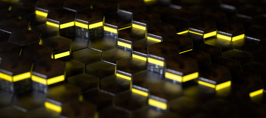 dark futuristic hexagon cylinder pattern with yellow lights - 3D Illustration