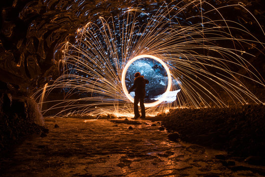 Steel wool spinning in an ice cave