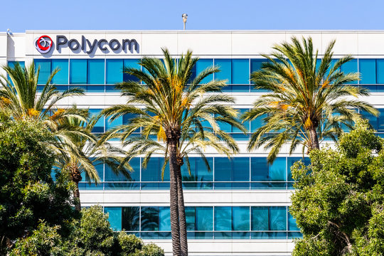 Aug 13, 2019 San Jose / CA / USA - Polycom HQ in Silicon Valley; Polycom, Inc is an American multinational corporation that develops video, voice and content collaboration and communication technology