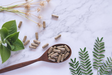Herbal medicine in capsules on wood spoon with natural green leaf on white marble