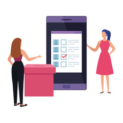 business women with ballot box and smartphone vector illustration design