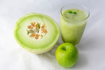 Blended green smoothie with Granny Smith Apple, Honeydew Melon