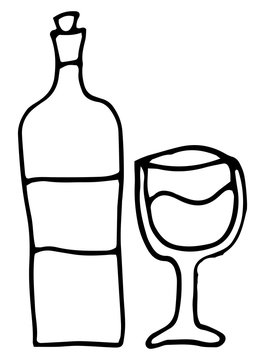 Glass of wine and a bottle, vector sketchy illustration isolated, hand - drawn.