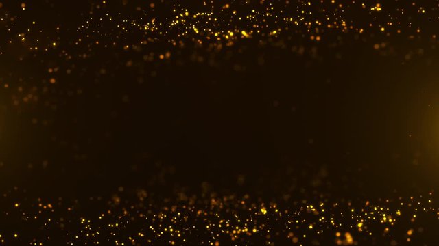 gold particles abstract background with shining golden floor particle stars dust.Beautiful  futuristic glittering fly movement flickering loop in space on black background.