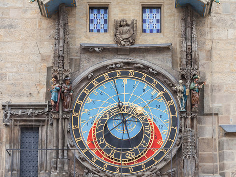 Prague Astronomical clock (Prazsky orloj) on display on the old city hall (Staromestska Radnice) of Prague, Czech Republic. it is an iconic touristic monument of the city from the 15th century