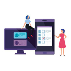 businesswomen with computer and smartphone for vote online vector illustration design