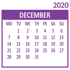 December. Twelfth page of set. Calendar 2020, template. Week starts from Monday. Vector illustration