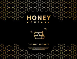 Honey logo with gold gradient honeybee, beehive and honey stick in frame honeycombs.