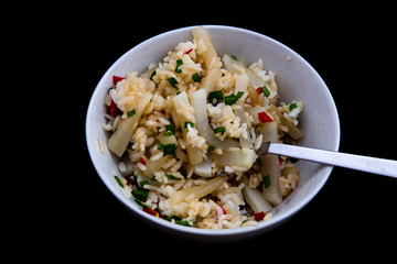 Cooked radish with rice which is called mubap in Korean