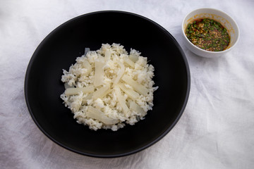 Cooked radish with rice which is called Mubap in Korean