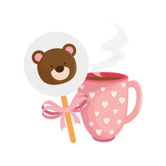 face of cute teddy bear in stick with cup coffee vector illustration design