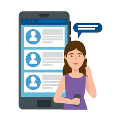 young woman and smartphone with chat vector illustration design