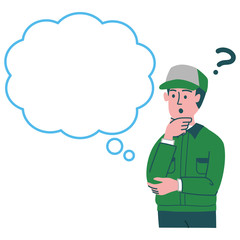 宅配員　作業服　男性　考えている