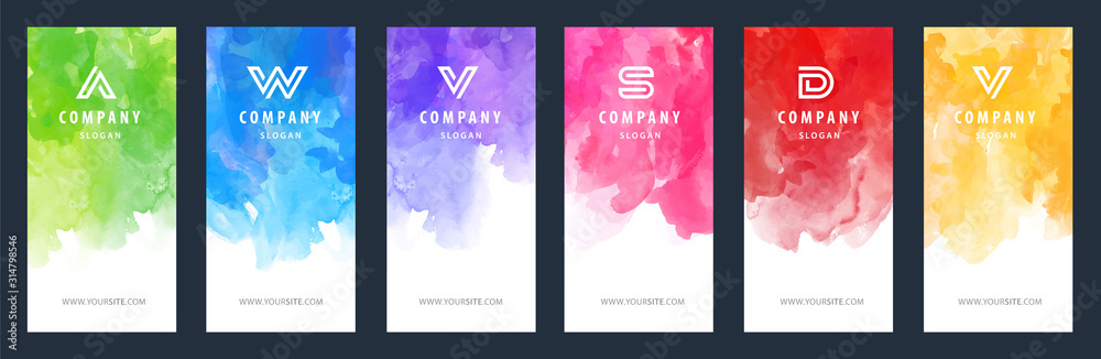 Wall mural flyer or banner template design bundle set with watercolor background