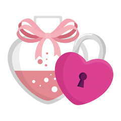 fragrance with heart bottle and padlock vector illustration design