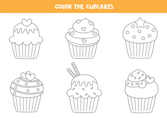 Color set of cute cupcakes. Coloring page for kids.