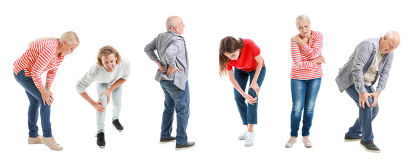 Set of people suffering from pain in joints and back on white background