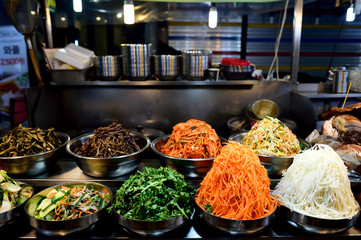 Bowls of traditional Korean cooking ingredients, Seoul, South Korea