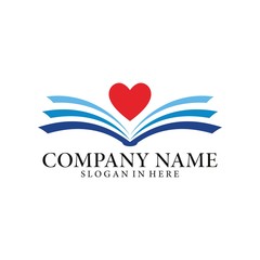 Book love education logo template illustration design. Open book with love logo design.