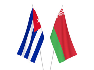 National fabric flags of Belarus and Cuba isolated on white background. 3d rendering illustration.
