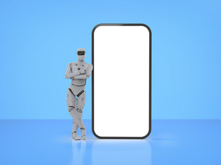 artificial intelligence cyborg or robot with blank screen mobile phone