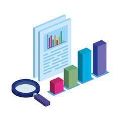 document with bars statistical and magnifying glass isolated icon vector illustration design