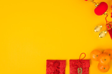 Chinese new year festival concept, flat lay top view, Happy Chinese new year with Red envelope and gold ingot