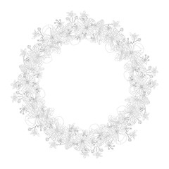 Floral round wreath with black and white silhouettes of hydrangea flowers with bud on white background.