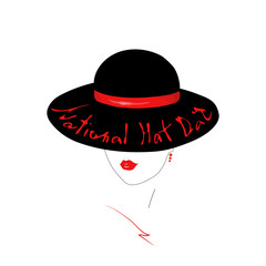 Young woman Face contour with red gloss lips. Girl in an elegant black hat  with Handwritten text National Hat Day.