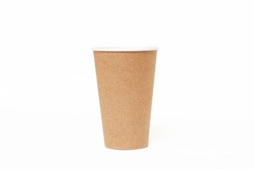 Eco kraft paper tableware. Paper cups isolated on a white background. Recycling concept. Zero waste.