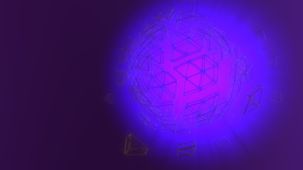 Abstract 3d rendering concept of high poly sphere with chaotic mesh grid cellular mulecular structure. Sci-fi background with polygonal shape in empty space with light god rays. Futuristic design bio