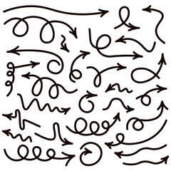 Set of black curved doodle arrows isolated on white background.