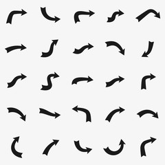 Set of black curved arrows isolated on light background.